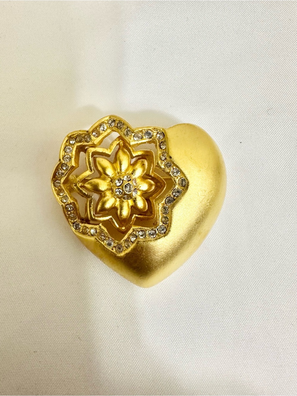 Vintage Matte Gold Plated Heart Brooch with Floral Crystal Accent